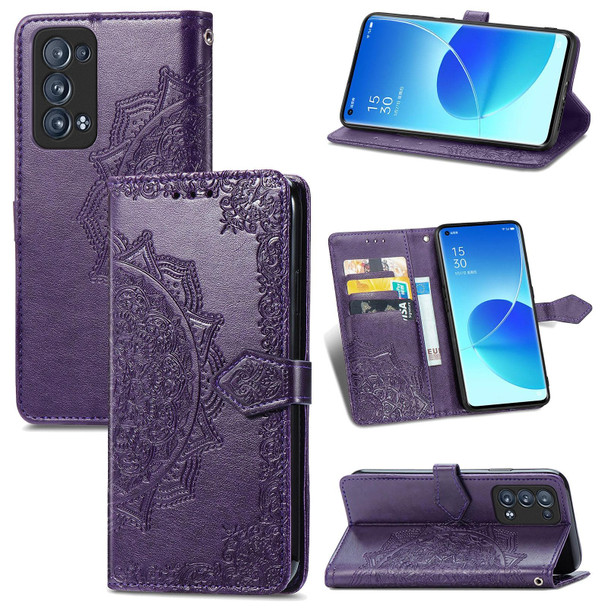 OPPO Reno6 Pro+ 5G Mandala Flower Embossed Horizontal Flip Leather Case with Holder & Three Card Slots & Wallet & Lanyard(Purple)