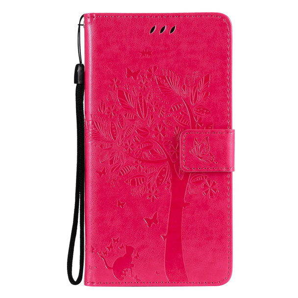 OPPO Reno6 Pro+ 5G Tree & Cat Pattern Pressed Printing Horizontal Flip PU Leather Case with Holder & Card Slots & Wallet & Lanyard(Rose Red)