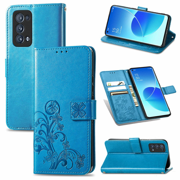 OPPO Reno6 Pro+ Four-leaf Clasp Embossed Buckle Mobile Phone Protection Leather Case with Lanyard & Card Slot & Wallet & Bracket Function(Blue)