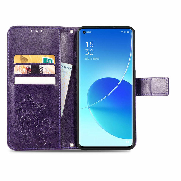 OPPO Reno6 Pro+ Four-leaf Clasp Embossed Buckle Mobile Phone Protection Leather Case with Lanyard & Card Slot & Wallet & Bracket Function(Purple)