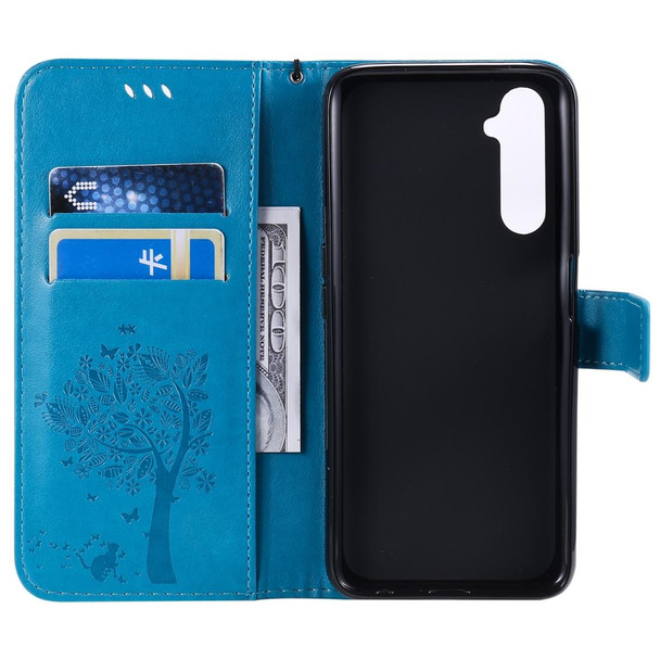 OPPO Realme 6 Pro Tree & Cat Pattern Pressed Printing Horizontal Flip PU Leather Case with Holder & Card Slots & Wallet & Lanyard(Blue)
