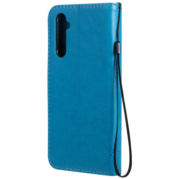 OPPO Realme 6 Pro Tree & Cat Pattern Pressed Printing Horizontal Flip PU Leather Case with Holder & Card Slots & Wallet & Lanyard(Blue)