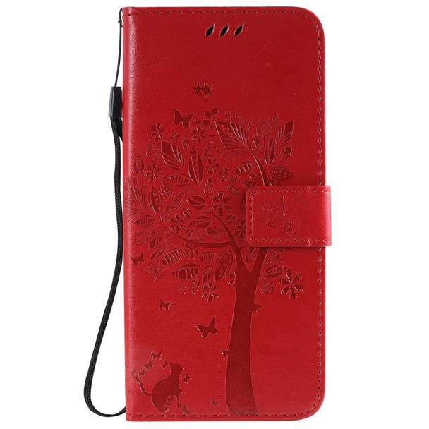 OPPO Realme 6 Pro Tree & Cat Pattern Pressed Printing Horizontal Flip PU Leather Case with Holder & Card Slots & Wallet & Lanyard(Red)