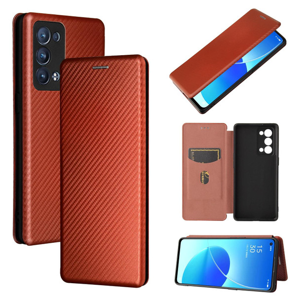 OPPO Reno6 Pro+ 5G Carbon Fiber Texture Magnetic Horizontal Flip TPU + PC + PU Leather Case with Card Slot(Brown)