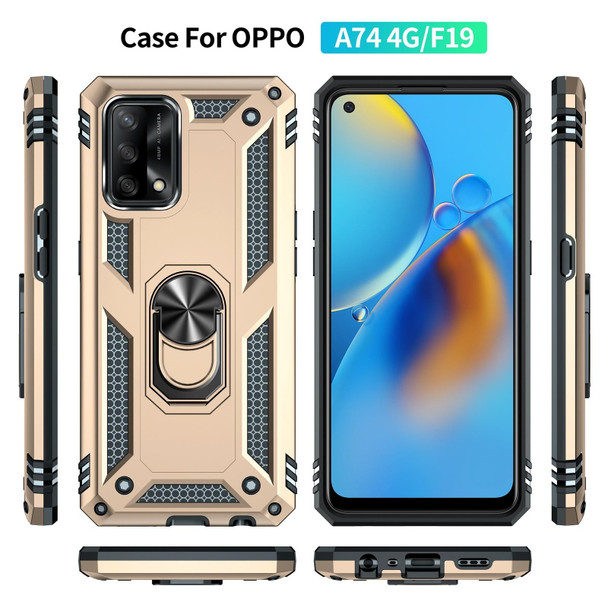 OPPO A74 4G / F19 Shockproof TPU + PC Protective Case with 360 Degree Rotating Holder(Gold)