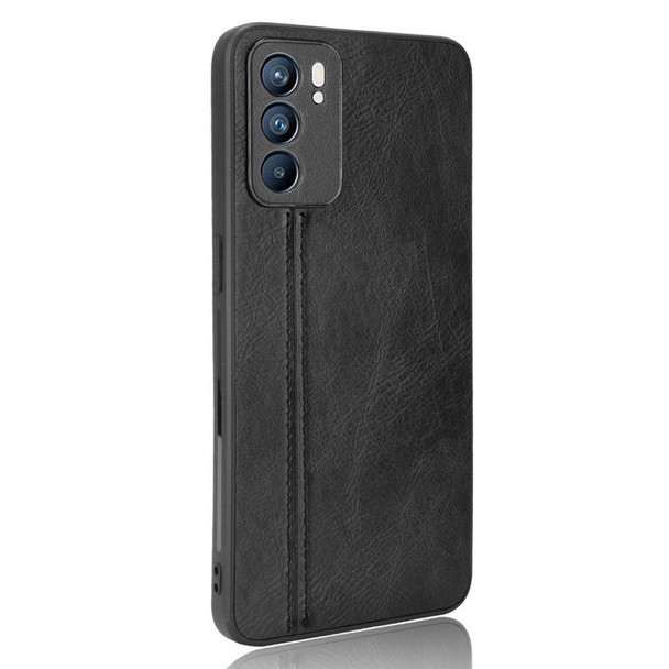 OPPO Reno6 5G Shockproof Sewing Cow Skin Texture PC + PU + TPU Case(Black)