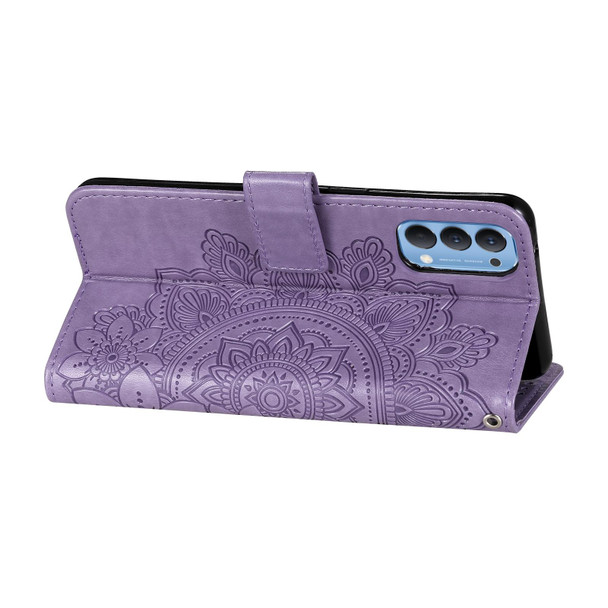 OPPO Reno4 5G 7-petal Flowers Embossing Pattern Horizontal Flip PU Leather Case with Holder & Card Slots & Wallet & Photo Frame(Light Purple)