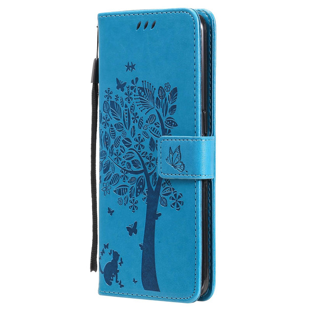 OPPO Find X3 / X3 Pro Tree & Cat Pattern Pressed Printing Horizontal Flip PU Leather Case with Holder & Card Slots & Wallet & Lanyard(Blue)