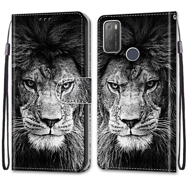 Alcatel 3L 2021 Coloured Drawing Cross Texture Horizontal Flip PU Leatherette Case with Holder & Card Slots & Wallet & Lanyard(Black White Lion Head)