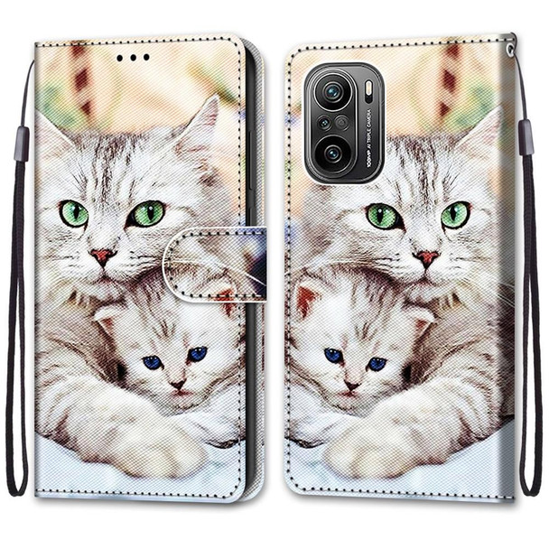 Xiaomi Redmi K40 / K40 Pro / K40 Pro+ Coloured Drawing Cross Texture Horizontal Flip PU Leather Case with Holder & Card Slots & Wallet & Lanyard(Big Cat Holding Kitten)