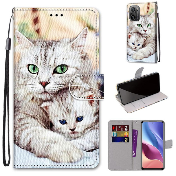 Xiaomi Redmi K40 / K40 Pro / K40 Pro+ Coloured Drawing Cross Texture Horizontal Flip PU Leather Case with Holder & Card Slots & Wallet & Lanyard(Big Cat Holding Kitten)