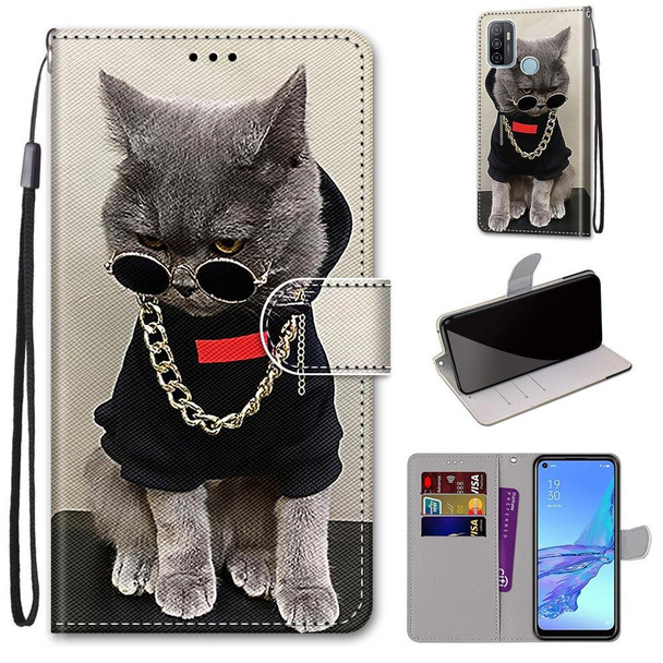 OPPO A53 4G(2020) / A53s / A32 / A33 (2020) Coloured Drawing Cross Texture Horizontal Flip PU Leather Case with Holder & Card Slots & Wallet & Lanyard(Golden Chain Grey Cat)