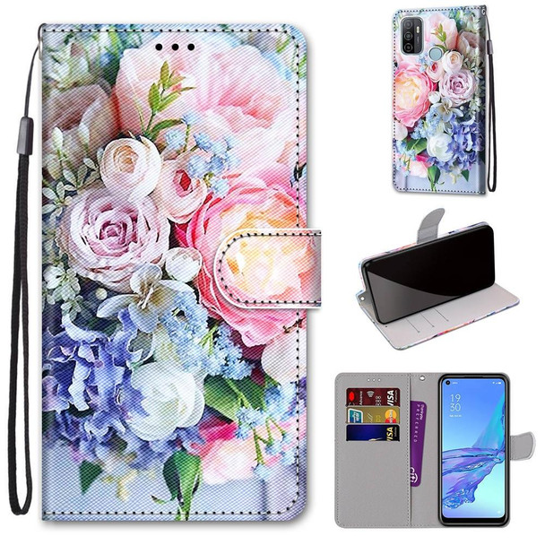 OPPO A53 4G(2020) / A53s / A32 / A33 (2020) Coloured Drawing Cross Texture Horizontal Flip PU Leather Case with Holder & Card Slots & Wallet & Lanyard(Light Pink Bouquet)