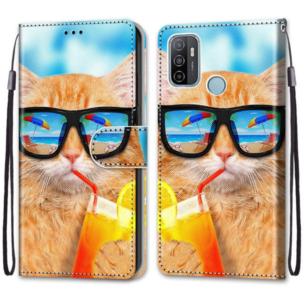 OPPO A53 4G(2020) / A53s / A32 / A33 (2020) Coloured Drawing Cross Texture Horizontal Flip PU Leather Case with Holder & Card Slots & Wallet & Lanyard(Cat Drinking Soda)