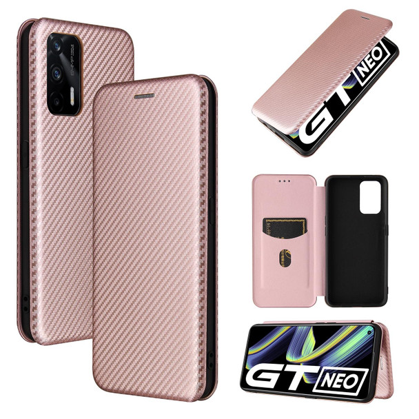 OPPO Realme GT 5G Carbon Fiber Texture Magnetic Horizontal Flip TPU + PC + PU Leather Case with Card Slot(Pink)