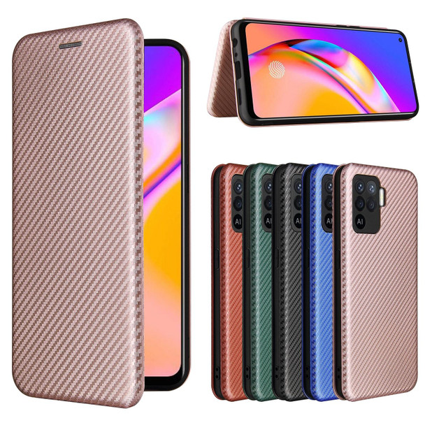 OPPO A94 4G / F19 Pro / Reno5 F Carbon Fiber Texture Magnetic Horizontal Flip TPU + PC + PU Leather Case with Card Slot(Pink)