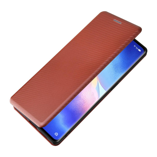 OPPO Find X3 Neo Carbon Fiber Texture Magnetic Horizontal Flip TPU + PC + PU Leather Case with Card Slot(Brown)