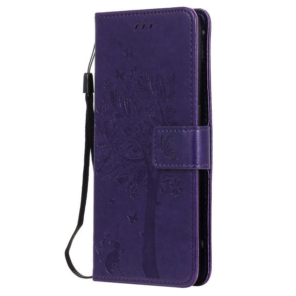 OPPO Reno5 5G Tree & Cat Pattern Pressed Printing Horizontal Flip PU Leather Case with Holder & Card Slots & Wallet & Lanyard(Purple)