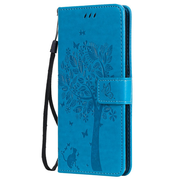 OPPO Reno5 5G Tree & Cat Pattern Pressed Printing Horizontal Flip PU Leather Case with Holder & Card Slots & Wallet & Lanyard(Blue)
