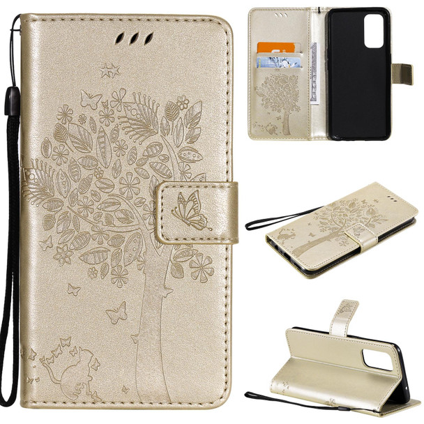 OPPO Reno5 5G Tree & Cat Pattern Pressed Printing Horizontal Flip PU Leather Case with Holder & Card Slots & Wallet & Lanyard(Gold)