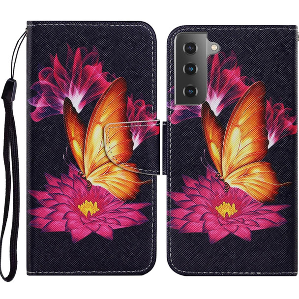 Samsung Galaxy S21 5G Coloured Drawing Pattern Horizontal Flip PU Leather Case with Holder & Card Slots & Wallet & Lanyard(Big Golden Butterfly)