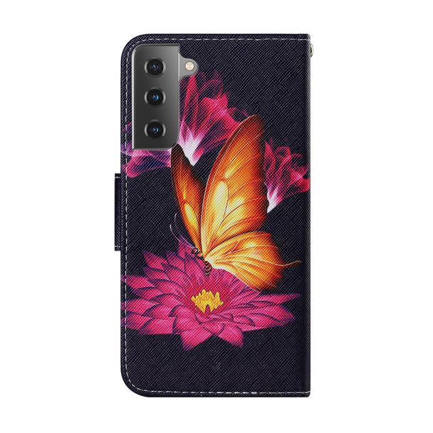 Samsung Galaxy S21 5G Coloured Drawing Pattern Horizontal Flip PU Leather Case with Holder & Card Slots & Wallet & Lanyard(Big Golden Butterfly)