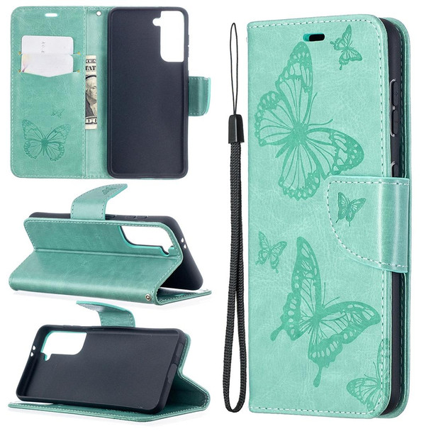 Samsung Galaxy S21 5G Embossing Two Butterflies Pattern Horizontal Flip PU Leather Case with Holder & Card Slot & Wallet & Lanyard(Green)