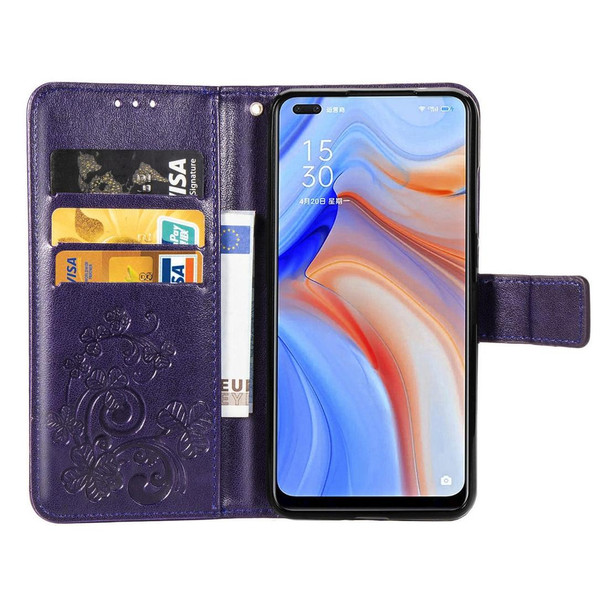 OPPO Reno4 Four-leaf Clasp Embossed Buckle Mobile Phone Protection Leather Case with Lanyard & Card Slot & Wallet & Bracket Function(Purple)