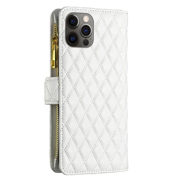 Diamond Lattice Zipper Wallet Leatherette Flip Phone Case - iPhone 12 / 12 Pro(White)