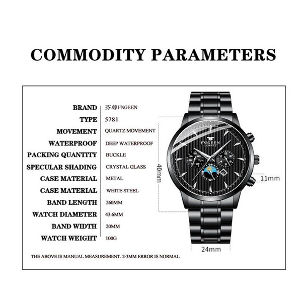 FNGEEN 5781 Multifunction Sports Waterproof Quartz Watch(Black Steel White Surface)