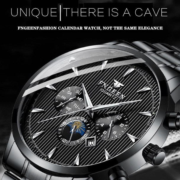 FNGEEN 5781 Multifunction Sports Waterproof Quartz Watch(Black Steel White Surface)