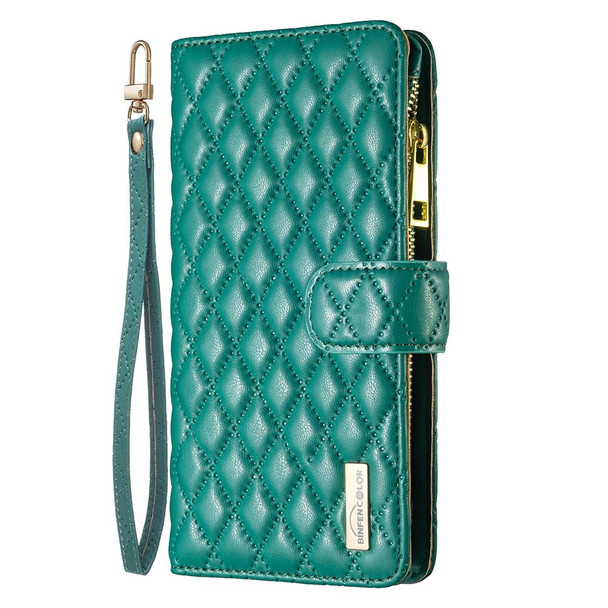 Diamond Lattice Zipper Wallet Leatherette Flip Phone Case - iPhone 14 Pro Max(Green)