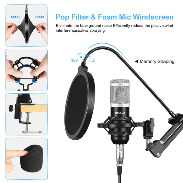 PULUZ Condenser Microphone Studio Broadcast Professional Singing Microphone Kits with Suspension Scissor Arm & Metal Shock Mount & USB Sound Card(Silver)