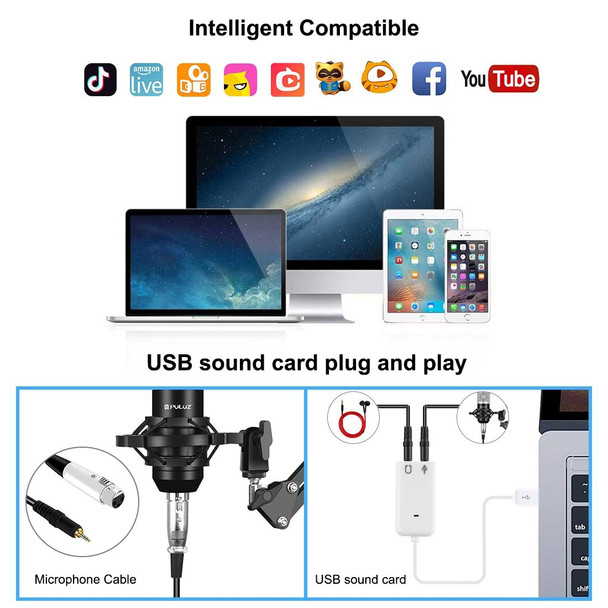 PULUZ Condenser Microphone Studio Broadcast Professional Singing Microphone Kits with Suspension Scissor Arm & Metal Shock Mount & USB Sound Card(Silver)