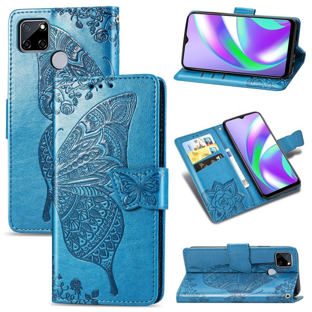 OPPO Realme C12 Butterfly Love Flower Embossed Horizontal Flip Leather Case with Holder & Card Slots & Wallet & Lanyard(Blue)