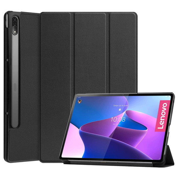 Lenovo Tab P12 Pro 12.6 Three-folding Holder Custer Texture Leather Tablet Case(Black)