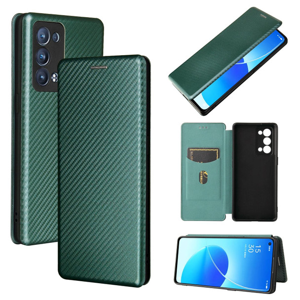 OPPO Reno6 Pro+ 5G Carbon Fiber Texture Magnetic Horizontal Flip TPU + PC + PU Leather Case with Card Slot(Green)