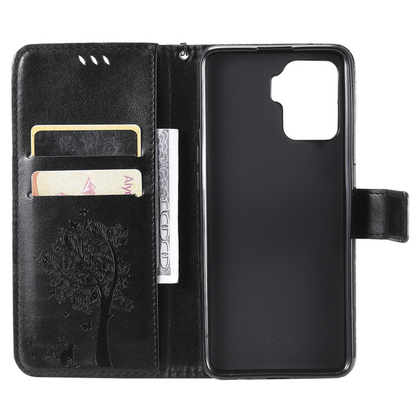 OPPO A94 4G / F19 Pro / Reno 5F Tree & Cat Pattern Pressed Printing Horizontal Flip PU Leather Case with Holder & Card Slots & Wallet & Lanyard(Black)