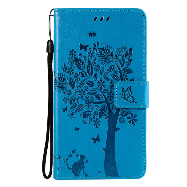 OPPO A93 5G / A74 5G Tree & Cat Pattern Pressed Printing Horizontal Flip PU Leather Case with Holder & Card Slots & Wallet & Lanyard(Blue)