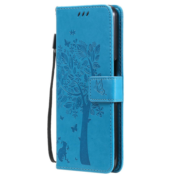 OPPO A93 5G / A74 5G Tree & Cat Pattern Pressed Printing Horizontal Flip PU Leather Case with Holder & Card Slots & Wallet & Lanyard(Blue)