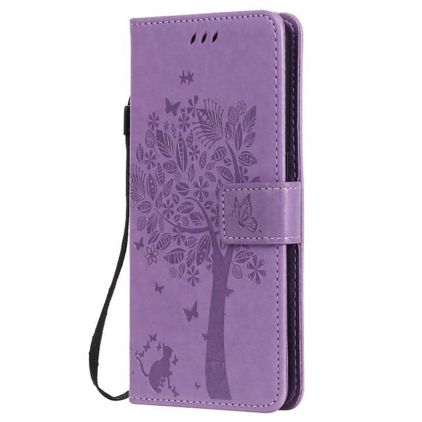 OPPO Reno5 5G Tree & Cat Pattern Pressed Printing Horizontal Flip PU Leather Case with Holder & Card Slots & Wallet & Lanyard(Light Purple)