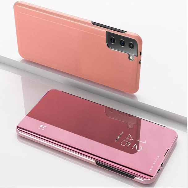 Samsung Galaxy S21 5G Plated Mirror Horizontal Flip Leather Case with Holder(Rose Gold)