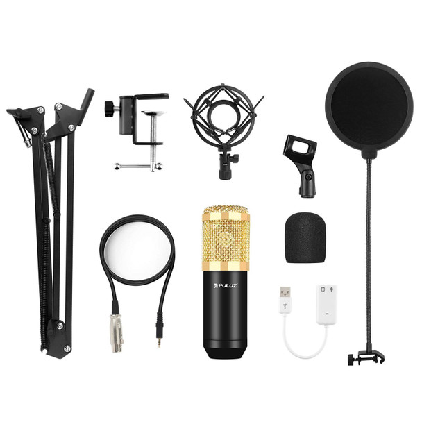 PULUZ Condenser Microphone Studio Broadcast Professional Singing Microphone Kits with Suspension Scissor Arm & Metal Shock Mount & USB Sound Card(Gold)