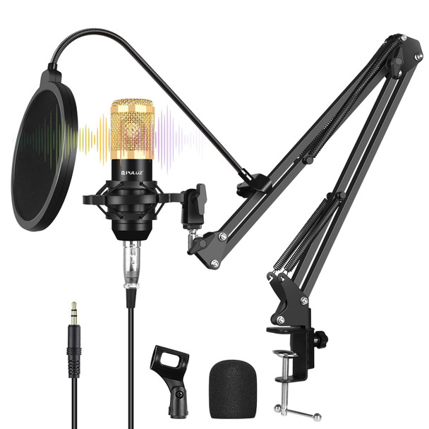 PULUZ Condenser Microphone Studio Broadcast Professional Singing Microphone Kits with Suspension Scissor Arm & Metal Shock Mount & USB Sound Card(Gold)