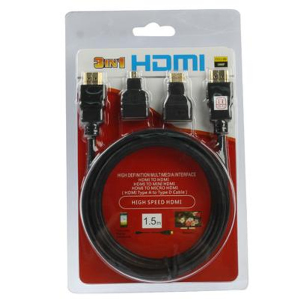 3 in 1 Full HD 1080P HDMI Cable Adaptor Kit (1.5m HDMI Cable + HDMI to Mini HDMI Adaptor + HDMI to Micro HDMI Adaptor)