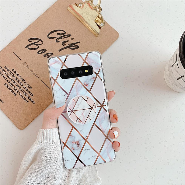 Galaxy S10 Plus Plating Colorful Geometric Pattern Mosaic Marble TPU Mobile Phone Case with Folding Bracket(White PF3)