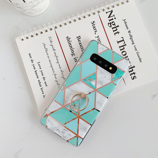 Galaxy S10e Plating Colorful Geometric Pattern Mosaic Marble TPU Mobile Phone Case Rhinestone Stand Ring(Green PR2)