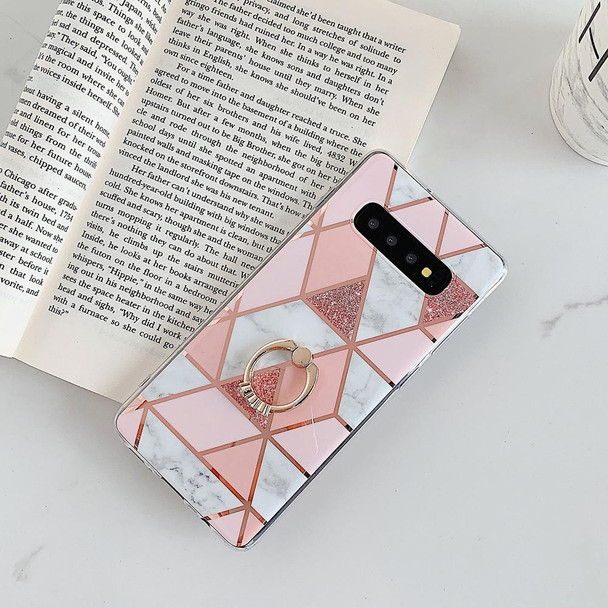 Galaxy S10 Plus Plating Colorful Geometric Pattern Mosaic Marble TPU Mobile Phone Case Rhinestone Stand Ring(Pink PR1)