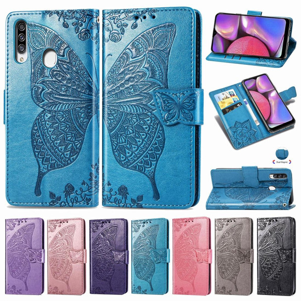 Galaxy A20S Butterfly Love Flower Embossed Horizontal Flip Leather Case with Bracket / Card Slot / Wallet / Lanyard(Gray)