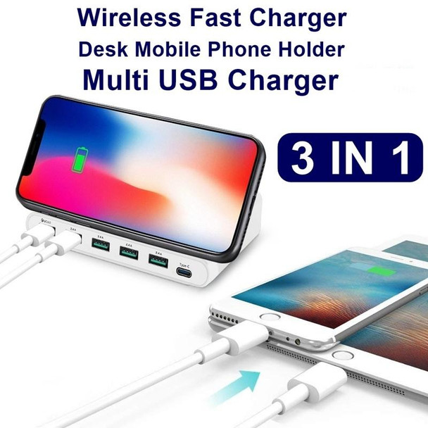 828W 7 in 1 60W QC 3.0 USB Interface + 4 USB Ports + USB-C / Type-C Interface + Wireless Charging Multi-function Charger with Mobile Phone Holder Function, US Plug(White)